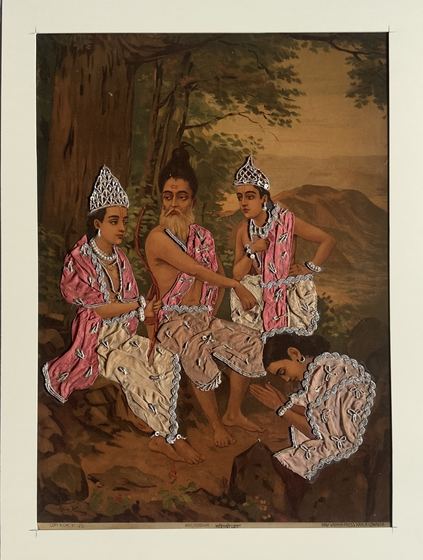 Ahilyoddhar - vintage Ravi Varma Press oleograph with zari and pearl work