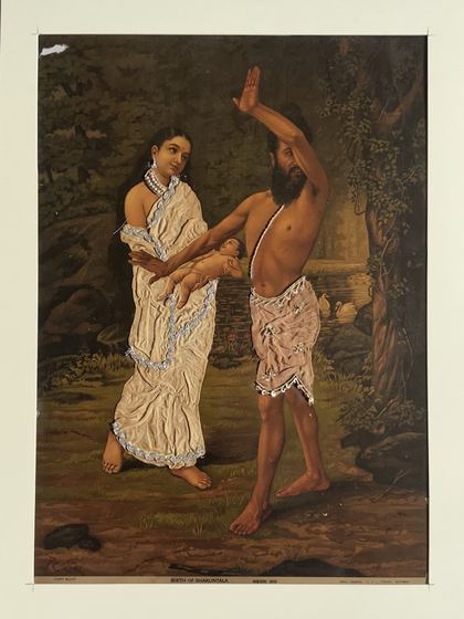 Birth of Shakuntala - vintage Ravi Varma Press oleograph with zari and pearl work