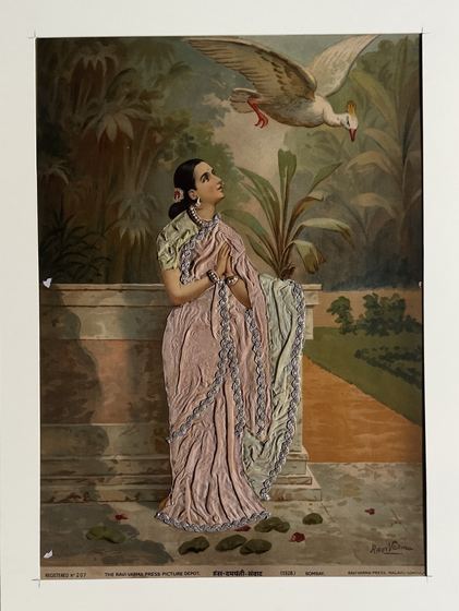 Hamsa Damayanti Samvad (1928) - vintage Ravi Varma Press oleograph with zari and pearl work