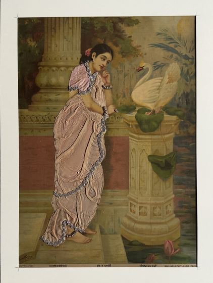 Hans va Damayanti - vintage Ravi Varma Press oleograph with zari and pearl work