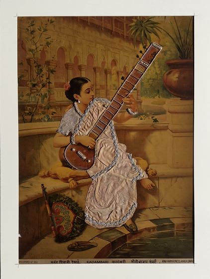 Kadambari - vintage Ravi Varma Press oleograph with zari and pearl work