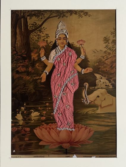 Lakshmi - vintage Ravi Varma Press oleograph with zari and pearl work