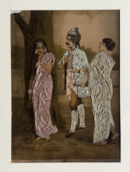 Madalasa Ritadhwaj (1895) - vintage Ravi Varma Press oleograph with zari and pearl work
