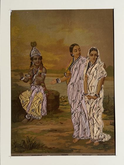 Radha Krishna by the River (1895) - vintage Ravi Varma Press oleograph with zari and pearl work