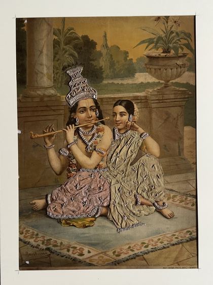 Radha Krishna with Flute - vintage Ravi Varma Press oleograph with zari and pearl work