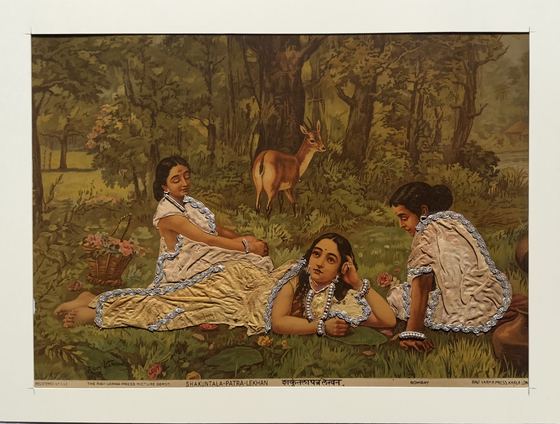Shakuntala Patra-Lekhan - vintage Ravi Varma Press oleograph with zari and pearl work