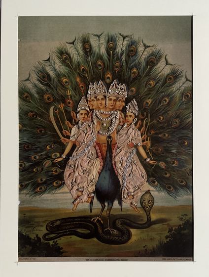 Sri Shanmukha Subramania Swami - vintage Ravi Varma Press oleograph with zari and pearl work