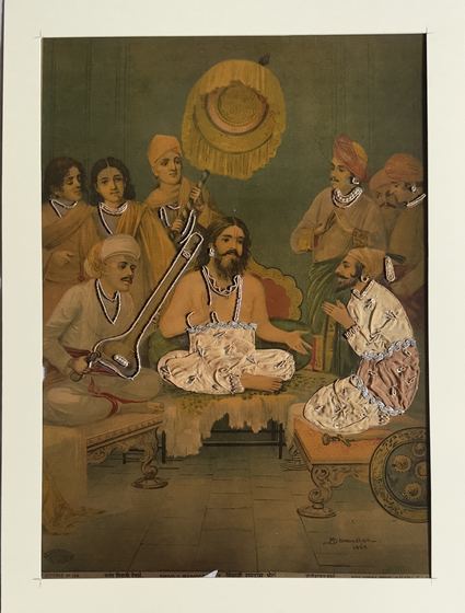 Shivaji Ramdas Bhet (1928) - vintage Ravi Varma Press oleograph with zari and pearl work