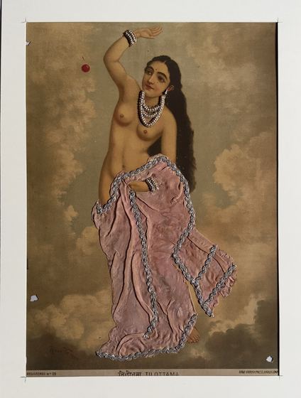 Tilottama - vintage Ravi Varma Press oleograph with zari and pearl work