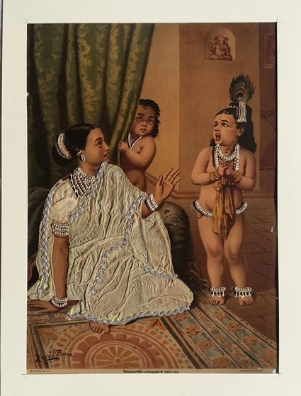 Vishwarup Darshan - vintage Ravi Varma Press oleograph with zari and pearl work